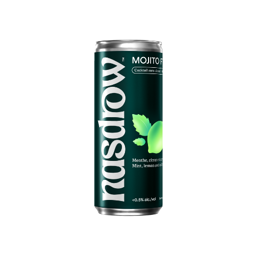 Can of Nasdrow Mojito Fusion sans alcool with mint and citrus flavors, 0.5% alcohol content.